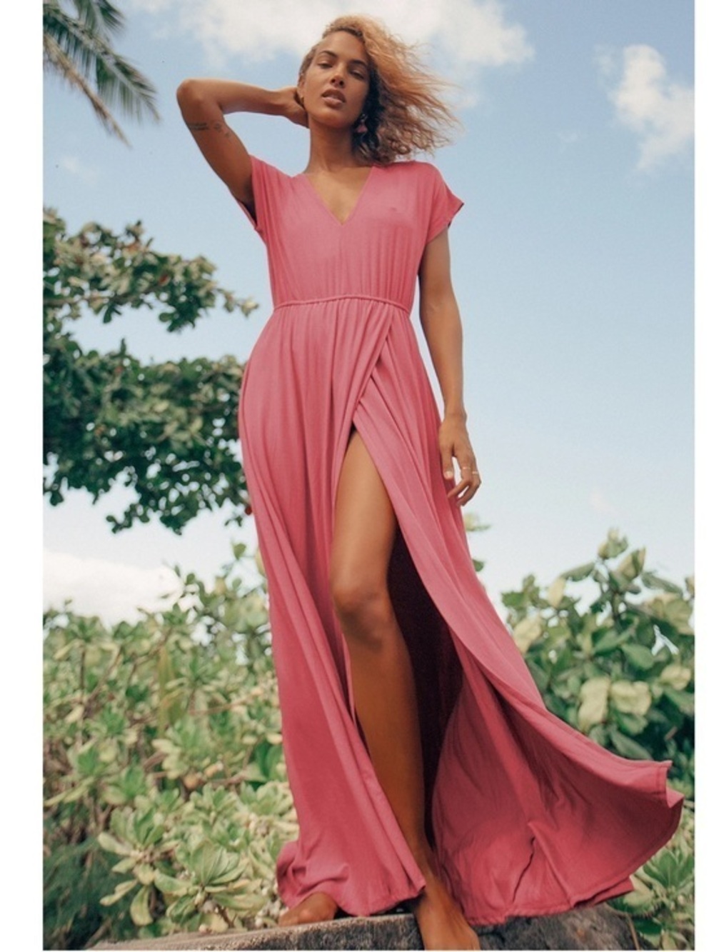 NWT Lulu’s Easy for Me Rusty Rose Short Sleeve Maxi Dress S & M Euro Summer Chic